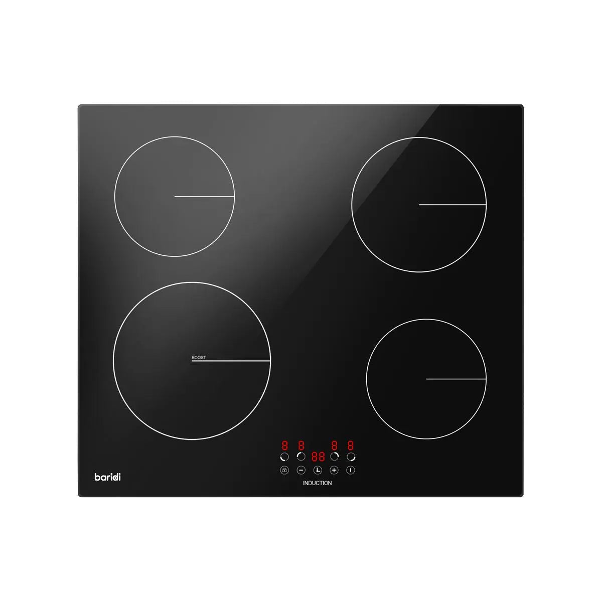 Baridi 60cm Built-In Induction Hob with 4 Cooking Zones, Black Glass, 6800W with 9 Power Settings, Touch Controls & Timer, Hardwired  White Rose Tools