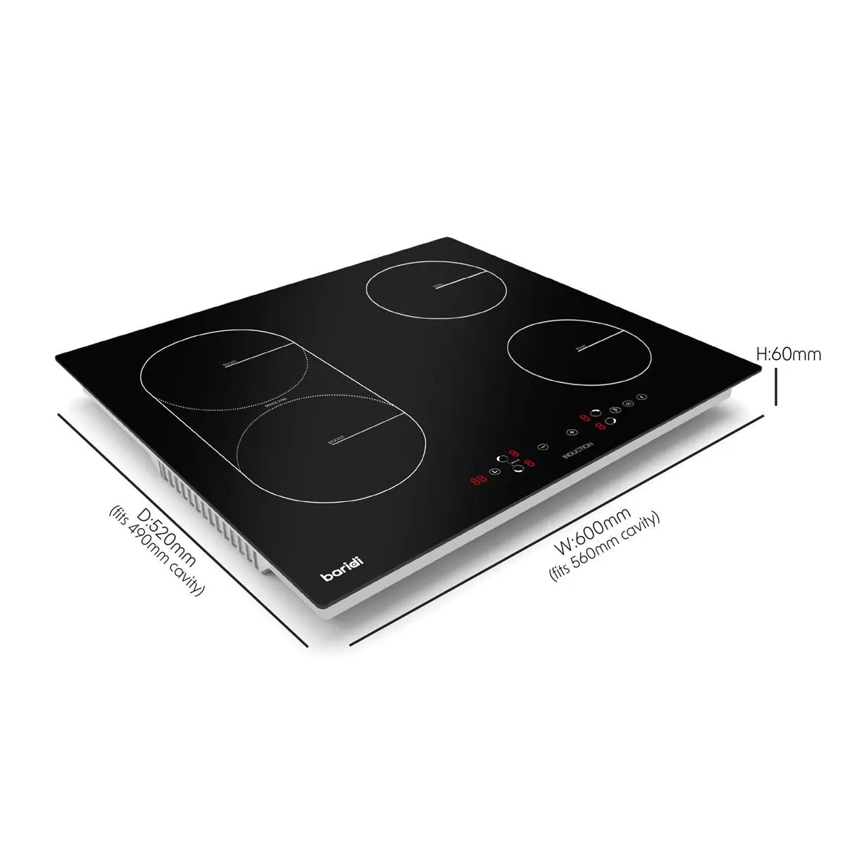 Baridi 60cm Built-In Induction Hob with Bridge Zone, 4 Cooking Zones, 2800W, Boost Function, 9 Power Levels, Touch Control & Timer  White Rose Tools
