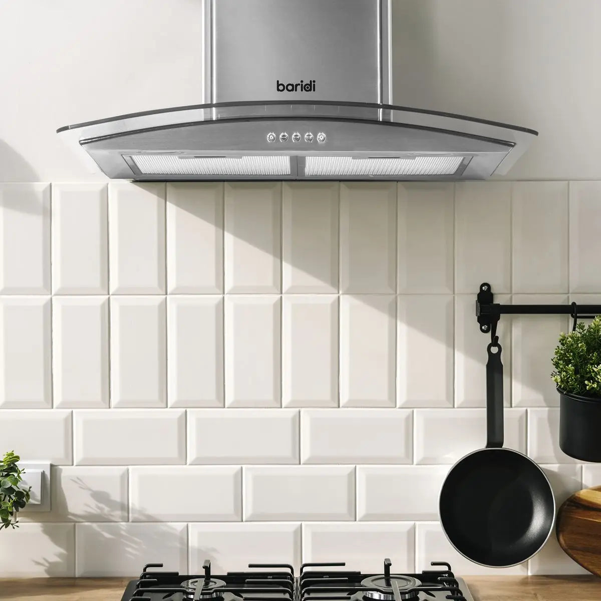 Baridi 60cm Curved Glass Cooker Hood with Carbon Filters, LED Lights, Stainless Steel  White Rose Tools