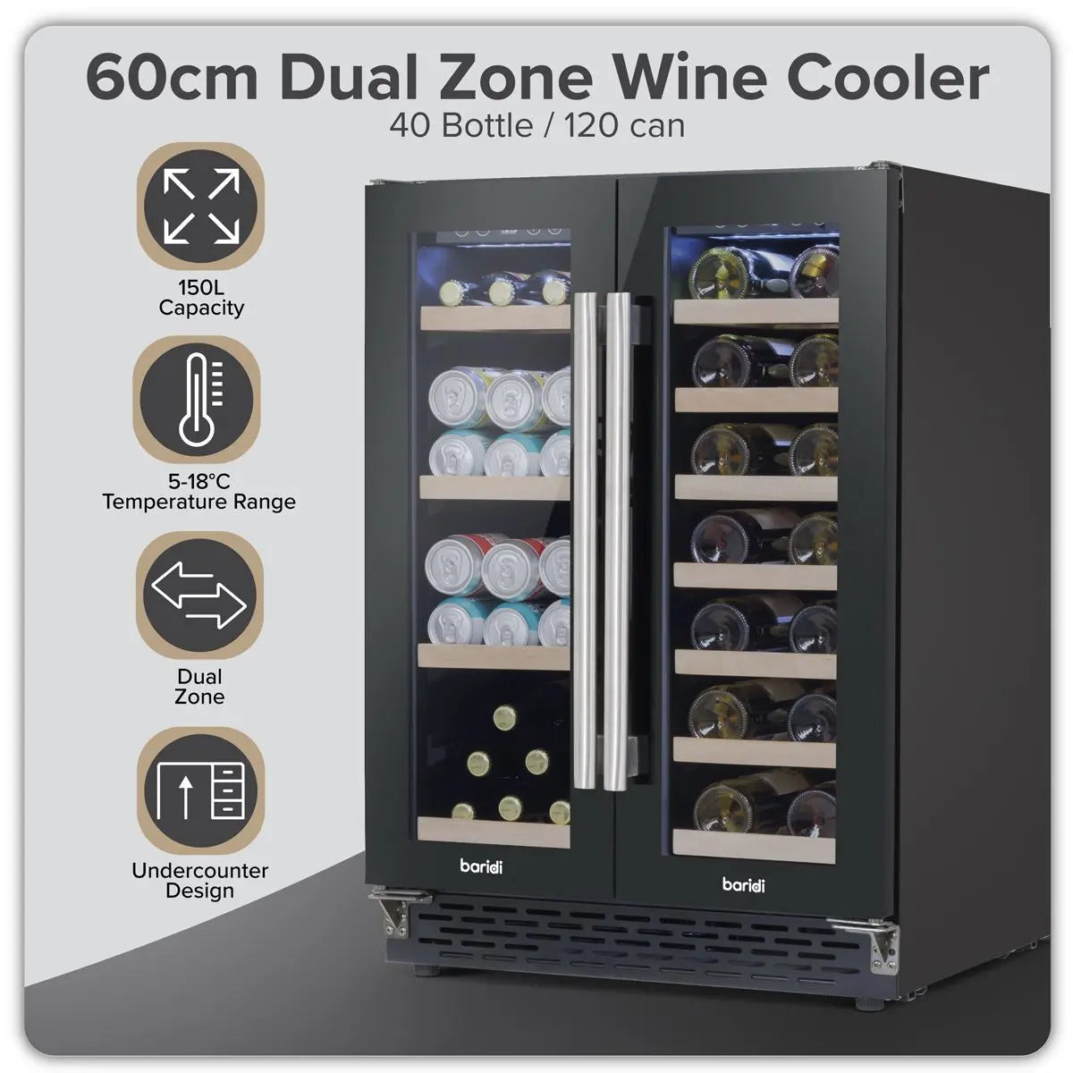 Baridi 60cm Dual Zone Wine Cooler and Drinks Fridge 40 Bottle/120 Can Built-In Under Counter/Freestanding Glass Fronted Bar Drinks Fridge Chiller  White Rose Tools