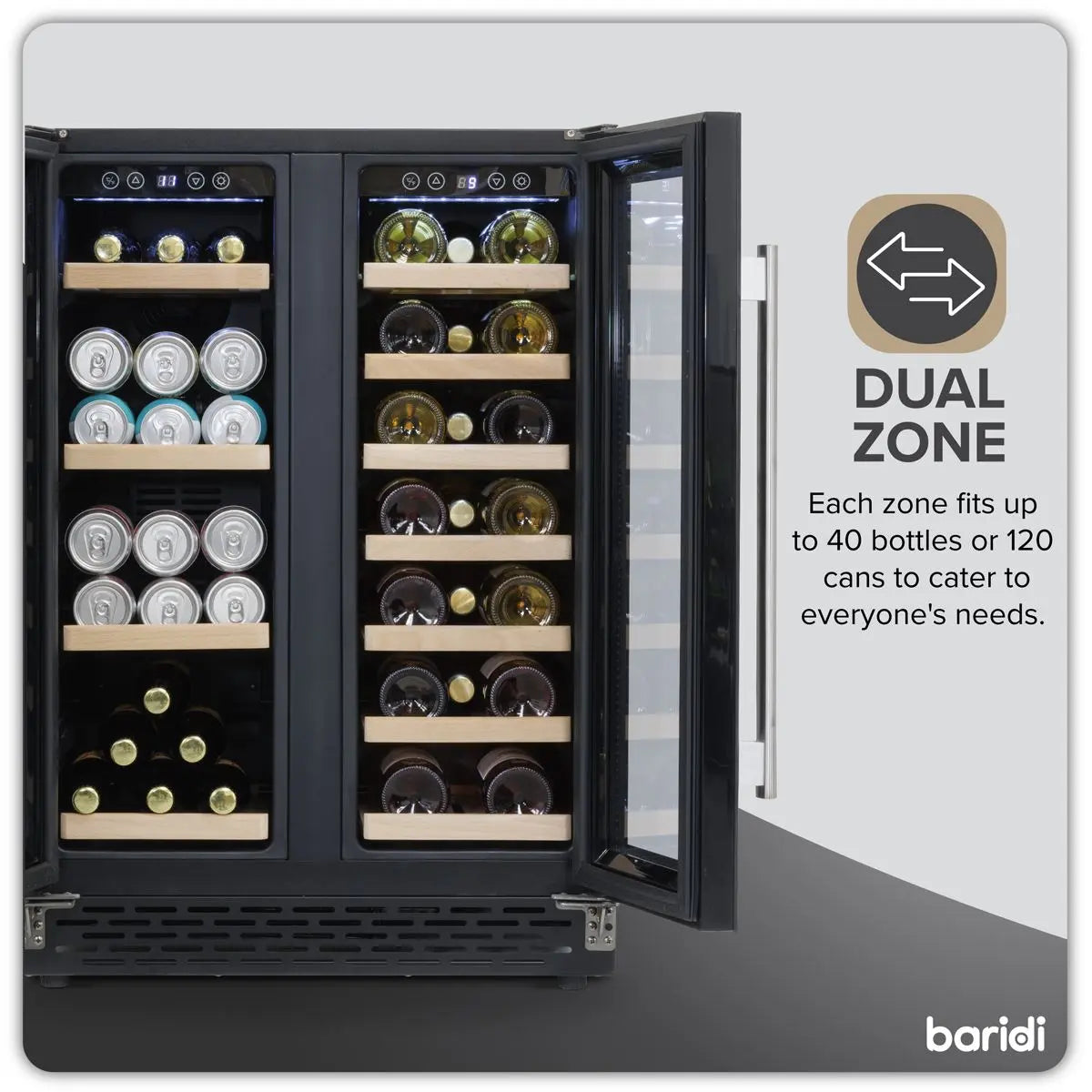 Baridi 60cm Dual Zone Wine Cooler and Drinks Fridge 40 Bottle/120 Can Built-In Under Counter/Freestanding Glass Fronted Bar Drinks Fridge Chiller  White Rose Tools