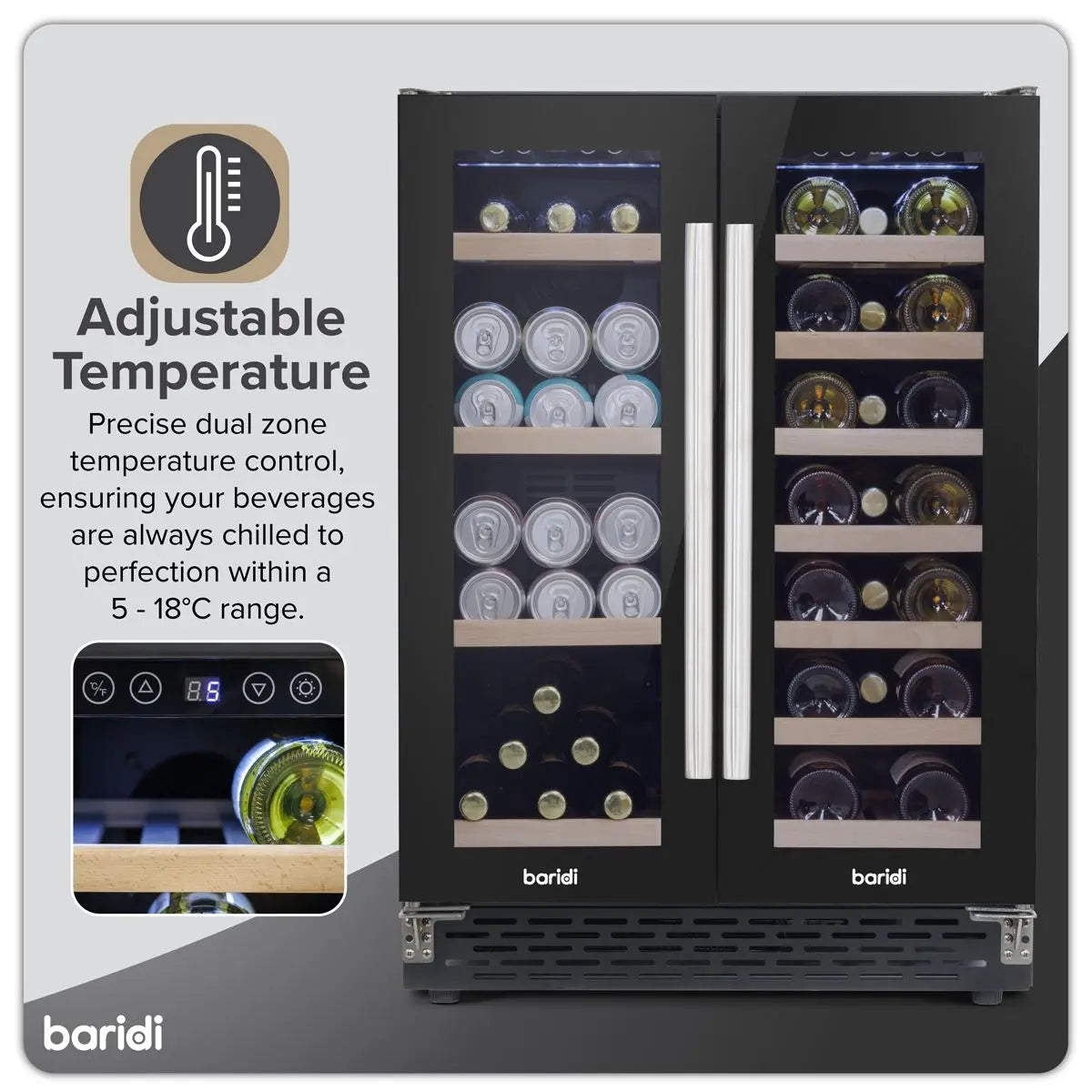 Baridi 60cm Dual Zone Wine Cooler and Drinks Fridge 40 Bottle/120 Can Built-In Under Counter/Freestanding Glass Fronted Bar Drinks Fridge Chiller  White Rose Tools