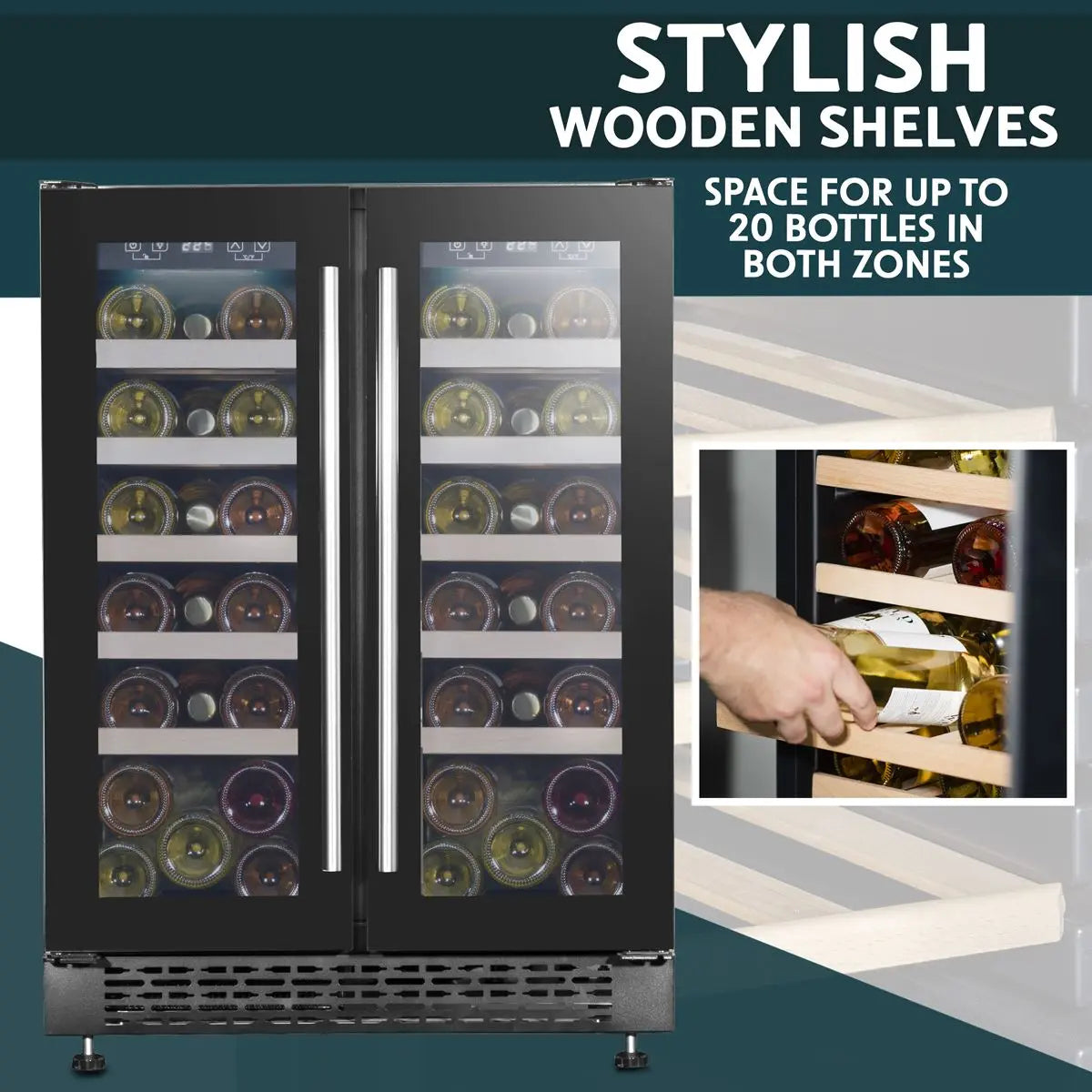 Baridi 60cm Dual Zone Wine Cooler and Drinks Fridge 40 Bottle/120 Can Built-In Under Counter/Freestanding Glass Fronted Bar Drinks Fridge Chiller  White Rose Tools