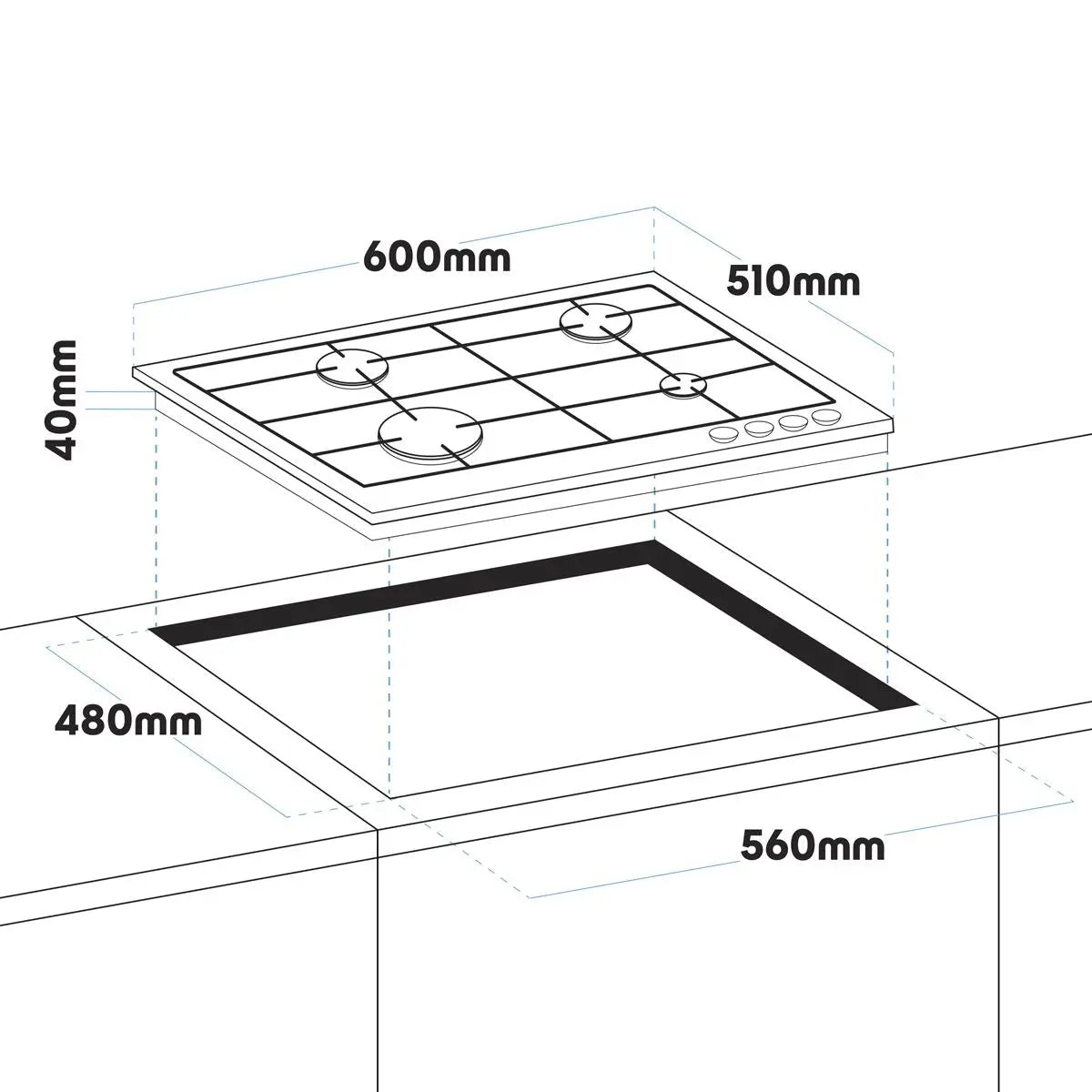 Baridi 60cm Gas Hob, 4 Burner and Cast Iron Pan Supports, Stainless Steel White Rose Tools