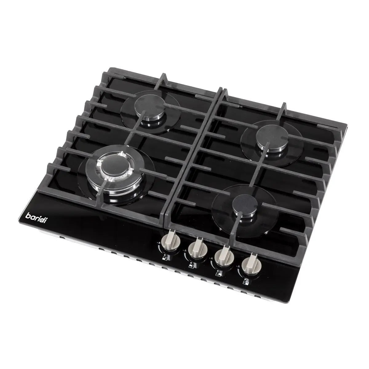 Baridi 60cm Gas on Glass Hob, 4 Burner and Cast Iron Pan Supports, Black Glass White Rose Tools