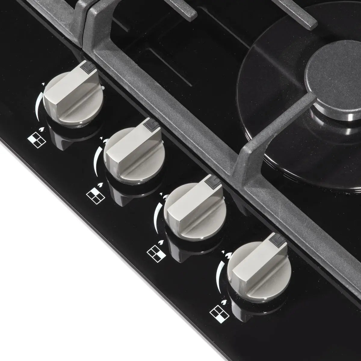 Baridi 60cm Gas on Glass Hob, 4 Burner and Cast Iron Pan Supports, Black Glass White Rose Tools