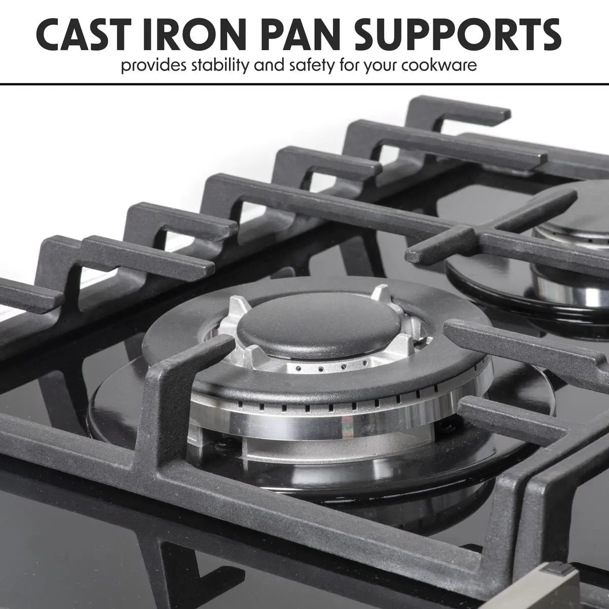 Baridi 60cm Gas on Glass Hob, 4 Burner and Cast Iron Pan Supports, Black Glass White Rose Tools