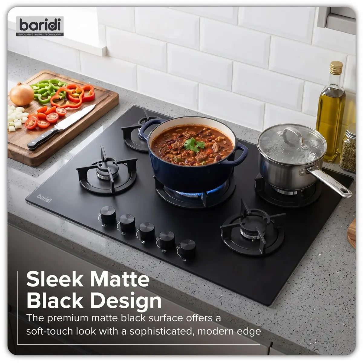 Baridi 70cm Gas Hob Matt Black Glass with 5 Burners, Cast Iron Supports & Auto Ignition 10.4kW White Rose Tools