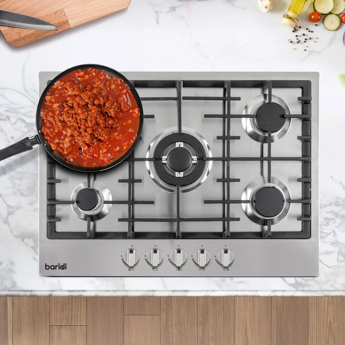 Baridi 70cm Gas Hob, 5 Burner and Cast Iron Pan Supports, Stainless Steel  White Rose Tools