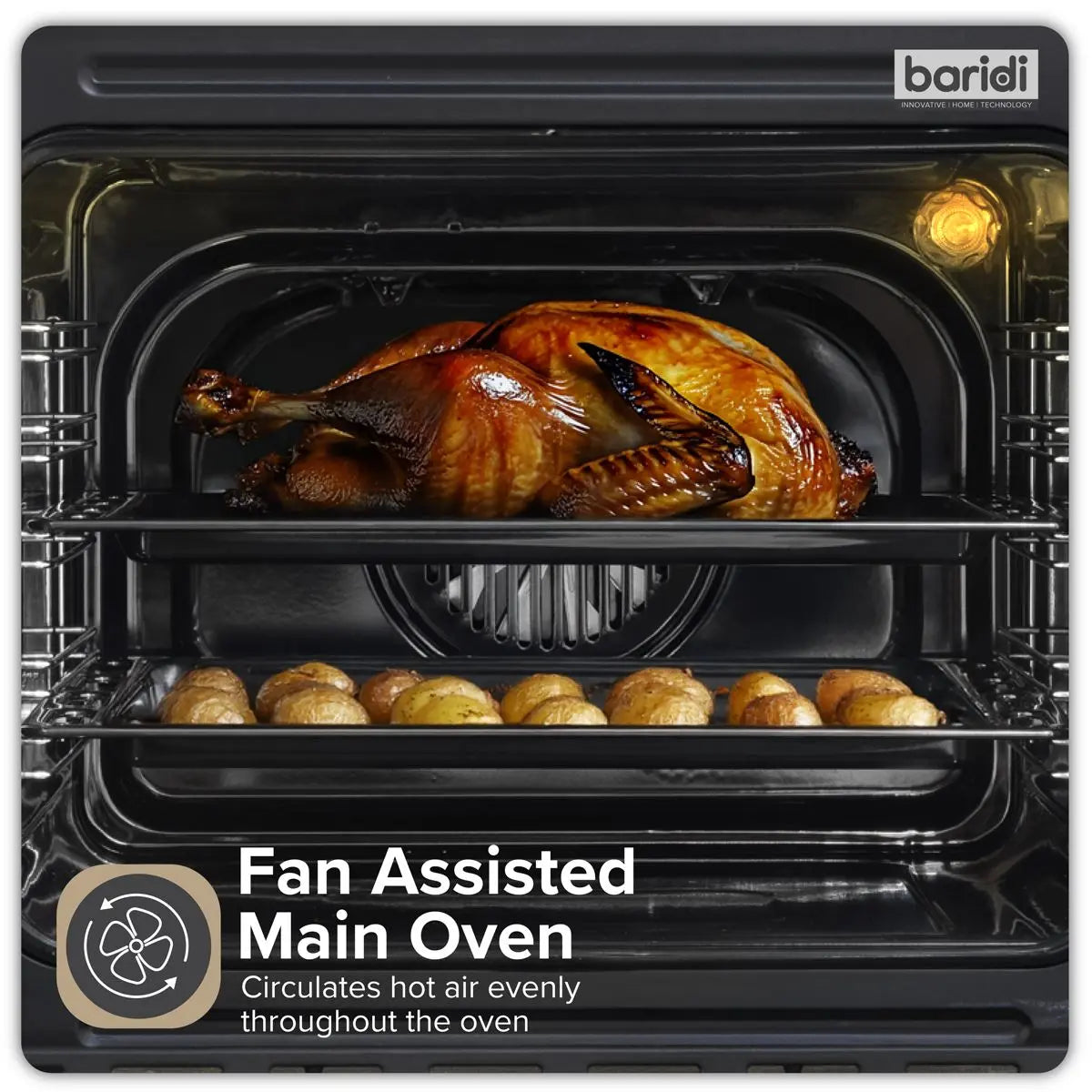 Baridi 72cm Built-Under Double Oven, 74L Capacity, Energy Rating A - Black White Rose Tools