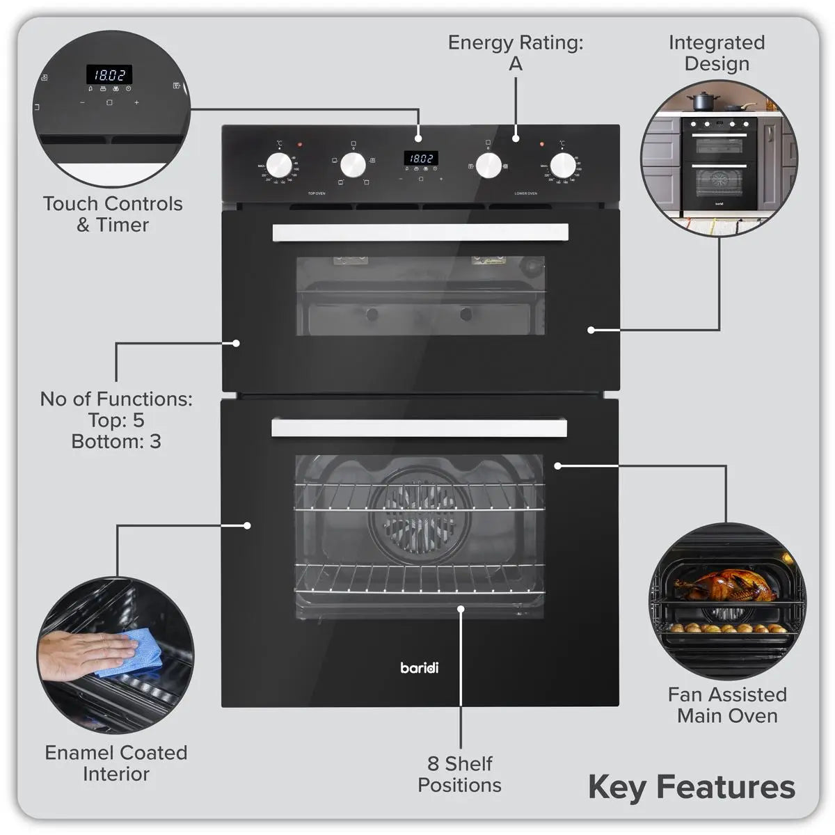 Baridi 72cm Built-Under Double Oven, 74L Capacity, Energy Rating A - Black White Rose Tools