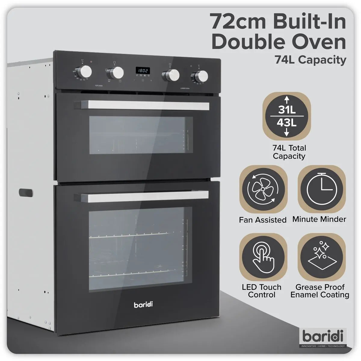 Baridi 72cm Built-Under Double Oven, 74L Capacity, Energy Rating A - Black White Rose Tools