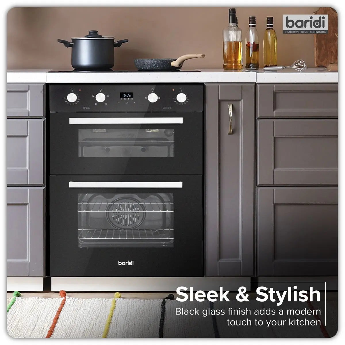 Baridi 72cm Built-Under Double Oven, 74L Capacity, Energy Rating A - Black White Rose Tools