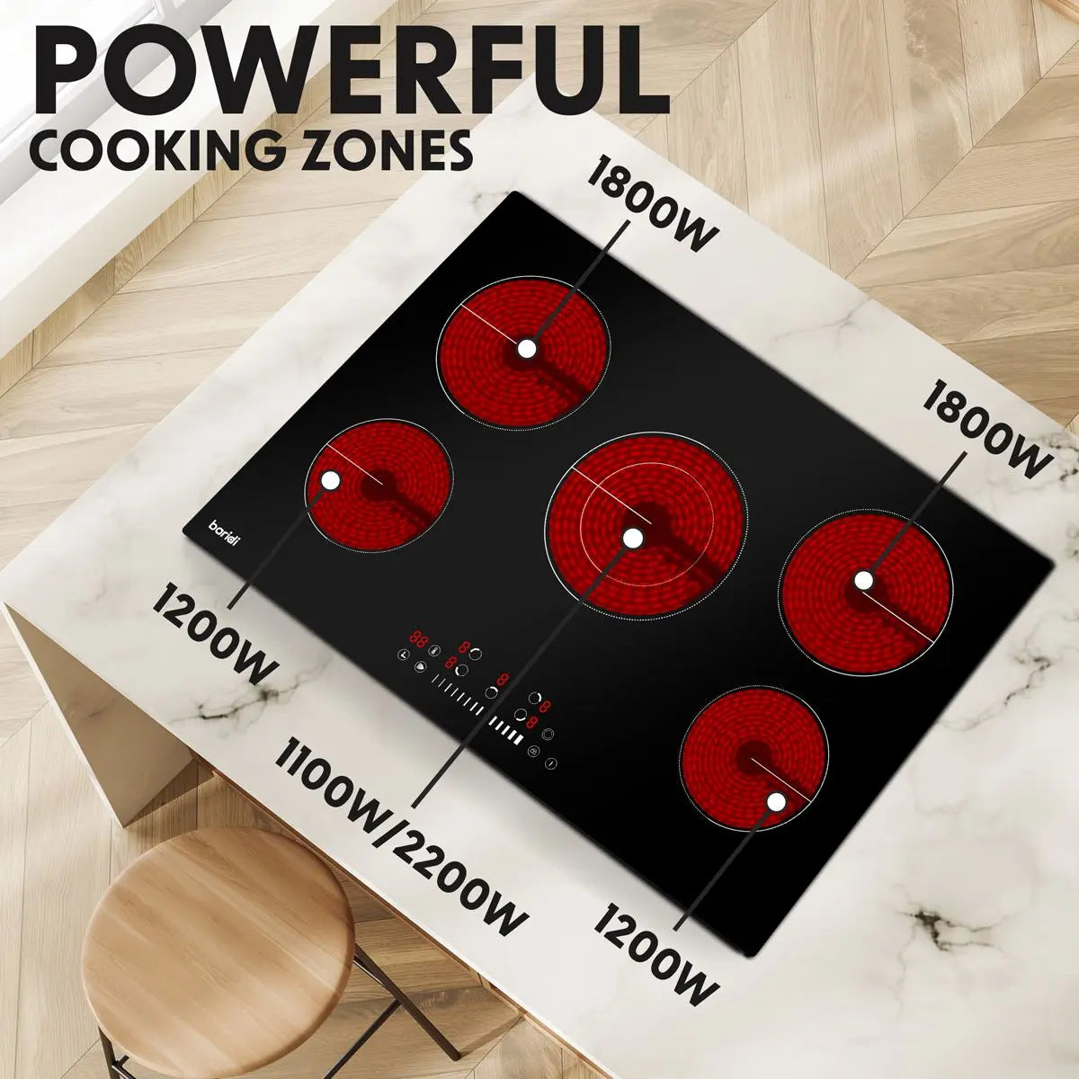 Baridi 77cm Built-In Ceramic Hob with 5 Cooking Zones, Black Glass, 8200W with Slider Touch Controls, Timer White Rose Tools