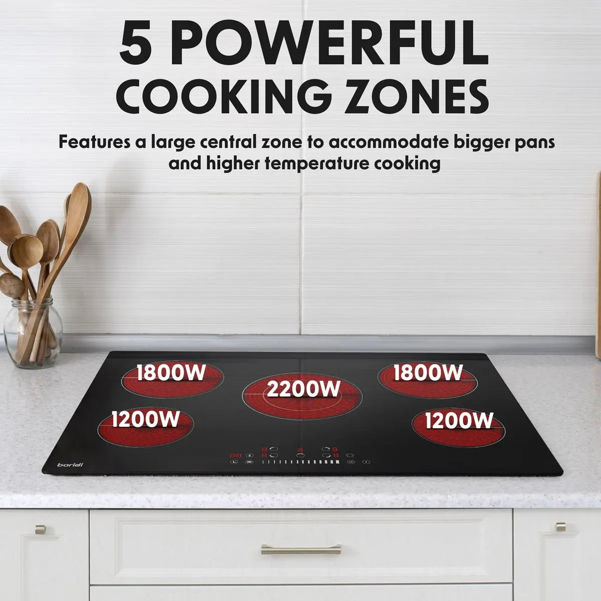 Baridi 77cm Built-In Ceramic Hob with 5 Cooking Zones, Black Glass, 8200W with Slider Touch Controls, Timer  White Rose Tools