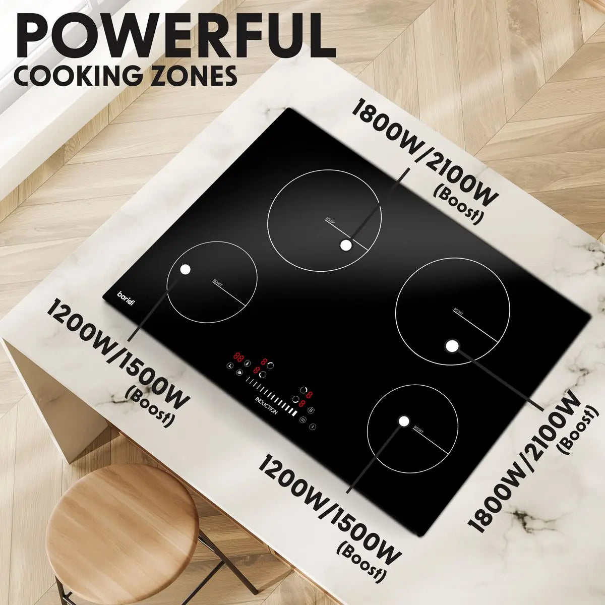 Baridi 77cm Built-In Induction Hob with 4 Cooking Zones, 7200W, Boost Function, 9 Power Levels, Touch Control & Timer, Hardwired  White Rose Tools