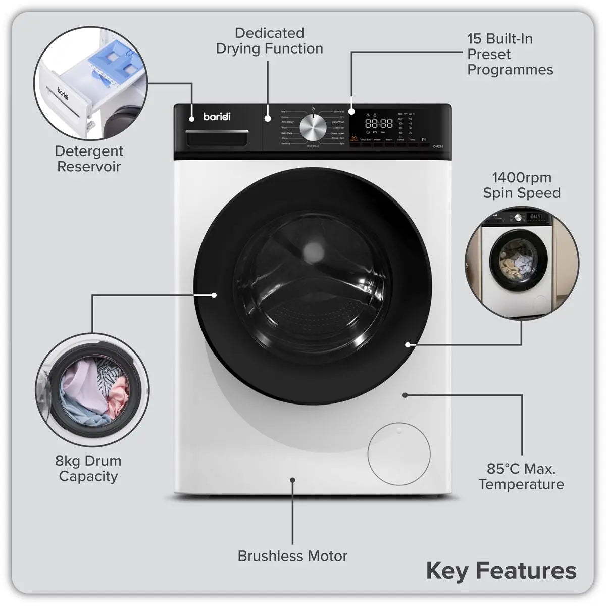 Baridi 8/5kg Washer Dryer, Front Loading, 1400rpm Energy Rating A – White White Rose Tools