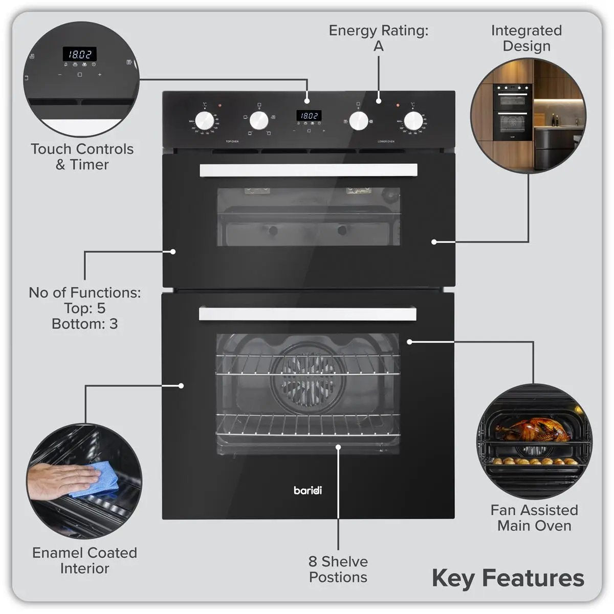 Baridi 90cm Built-In Double Oven, 88L Capacity, Energy Rating A - Black White Rose Tools