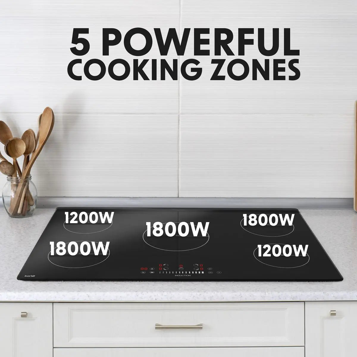Baridi 90cm Built-In Induction Hob with 5 Cooking Zones, 9300W, Boost Function, 9 Power Levels, Slider Touch Control, Hardwired  White Rose Tools