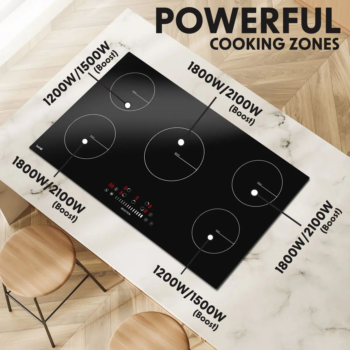 Baridi 90cm Built-In Induction Hob with 5 Cooking Zones, 9300W, Boost Function, 9 Power Levels, Slider Touch Control, Hardwired  White Rose Tools