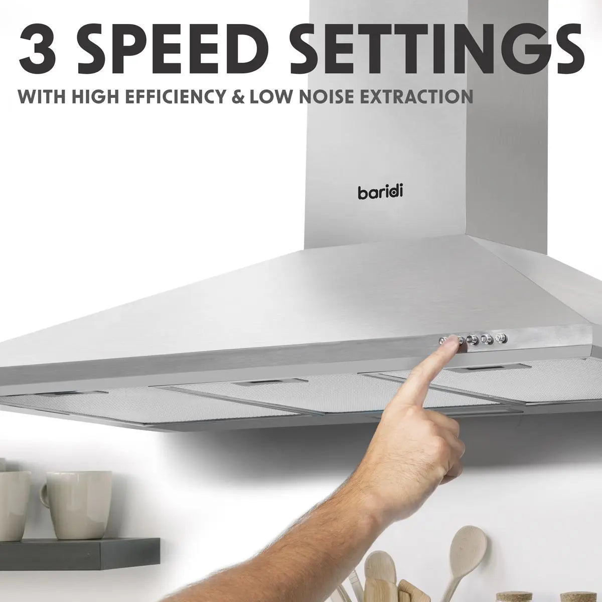 Baridi 90cm Chimney Style Cooker Hood with Carbon Filters, Stainless Steel  White Rose Tools