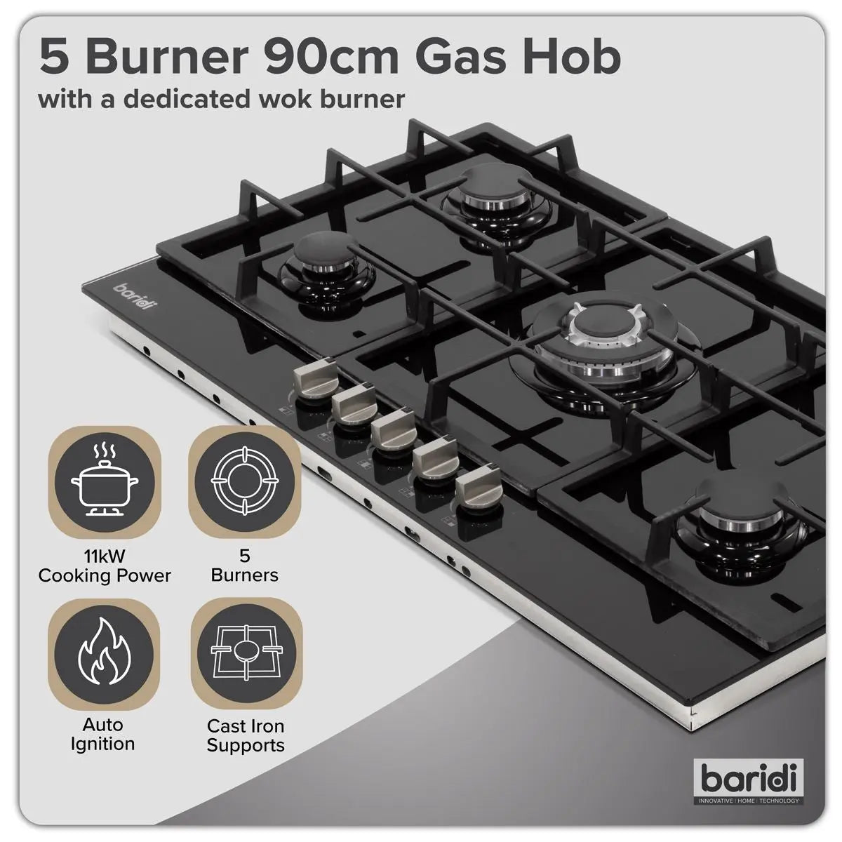 Baridi 90cm Gas Hob Glass with 5 Burners, Cast Iron Supports & Auto Ignition 11kW White Rose Tools