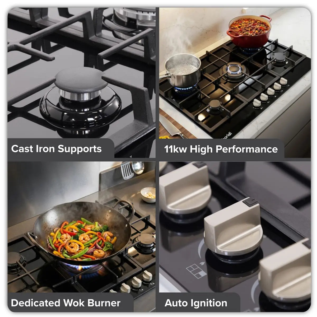Baridi 90cm Gas Hob Glass with 5 Burners, Cast Iron Supports & Auto Ignition 11kW White Rose Tools