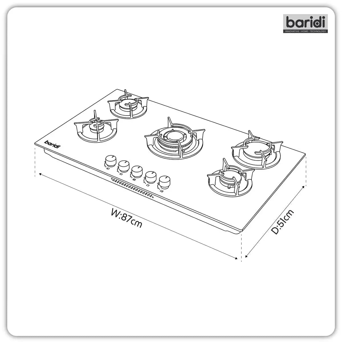 Baridi 90cm Gas Hob Matt Black Glass 5 Burners Cast Iron Supports & Auto Ignition 10.4kW White Rose Tools