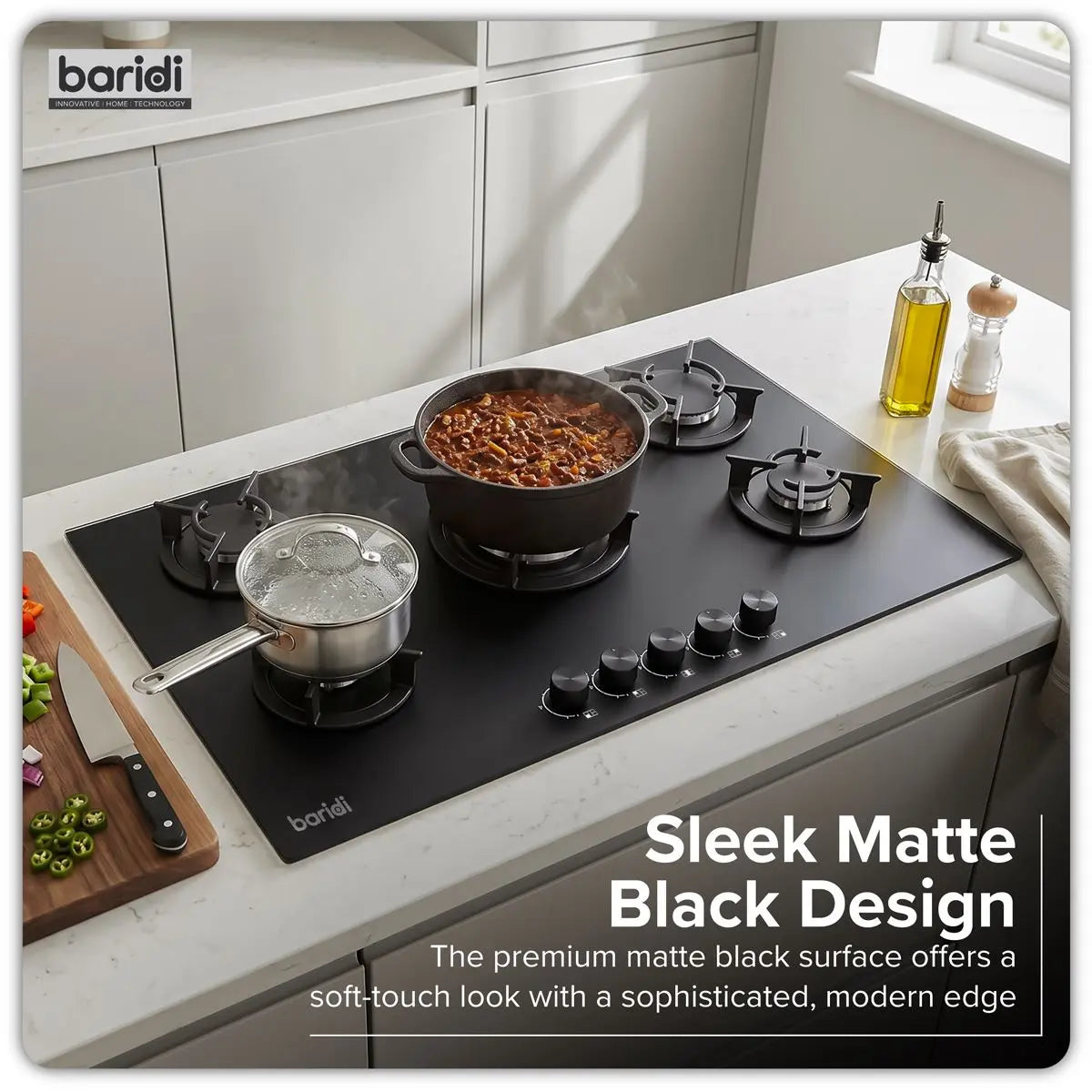Baridi 90cm Gas Hob Matt Black Glass 5 Burners Cast Iron Supports & Auto Ignition 10.4kW White Rose Tools