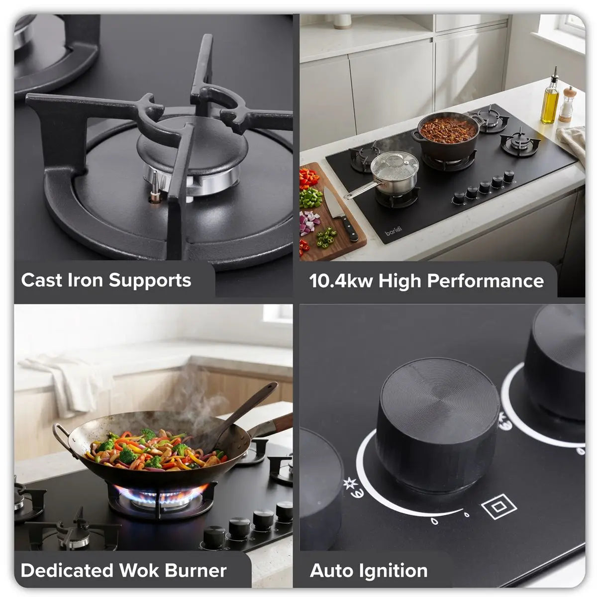 Baridi 90cm Gas Hob Matt Black Glass 5 Burners Cast Iron Supports & Auto Ignition 10.4kW White Rose Tools
