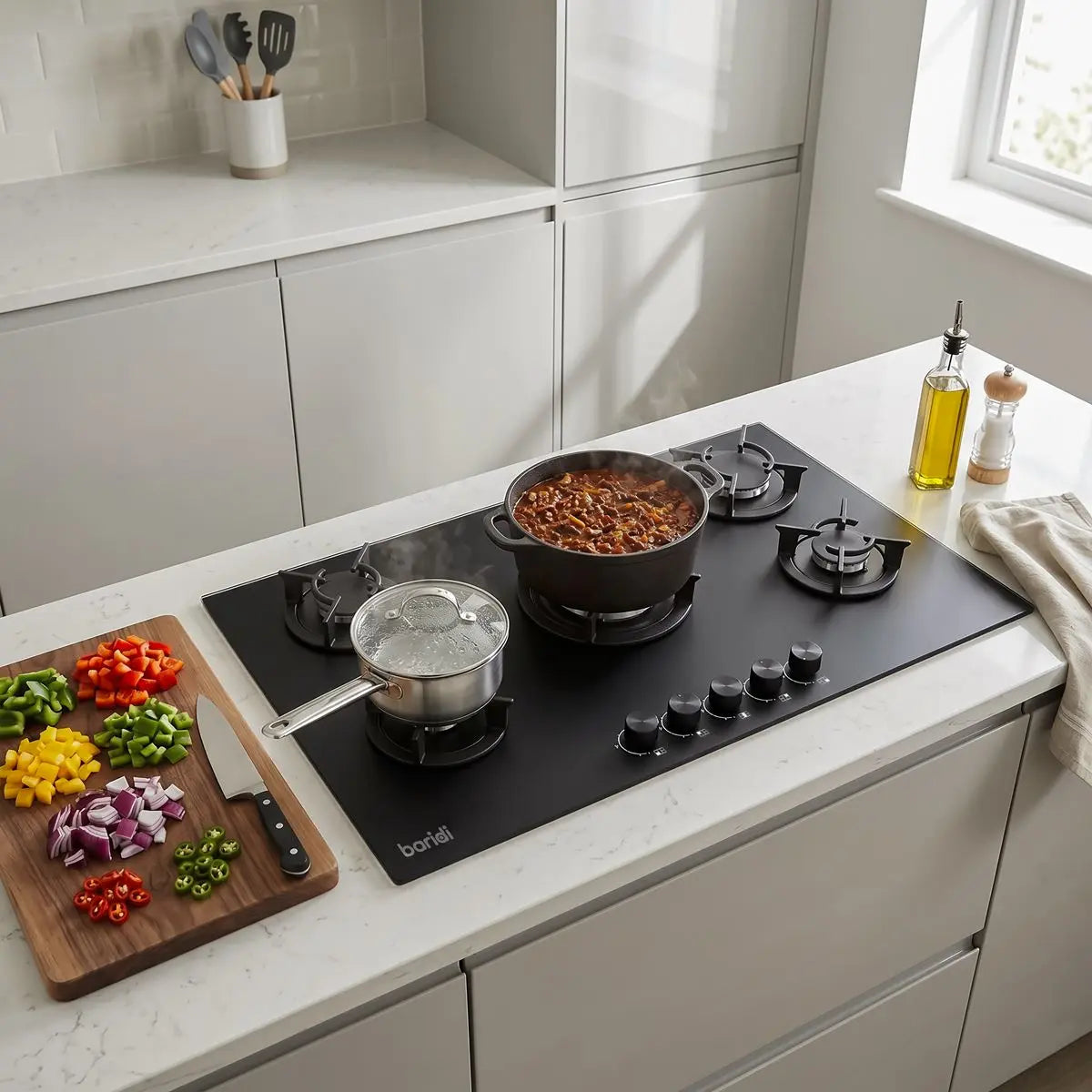 Baridi 90cm Gas Hob Matt Black Glass 5 Burners Cast Iron Supports & Auto Ignition 10.4kW White Rose Tools