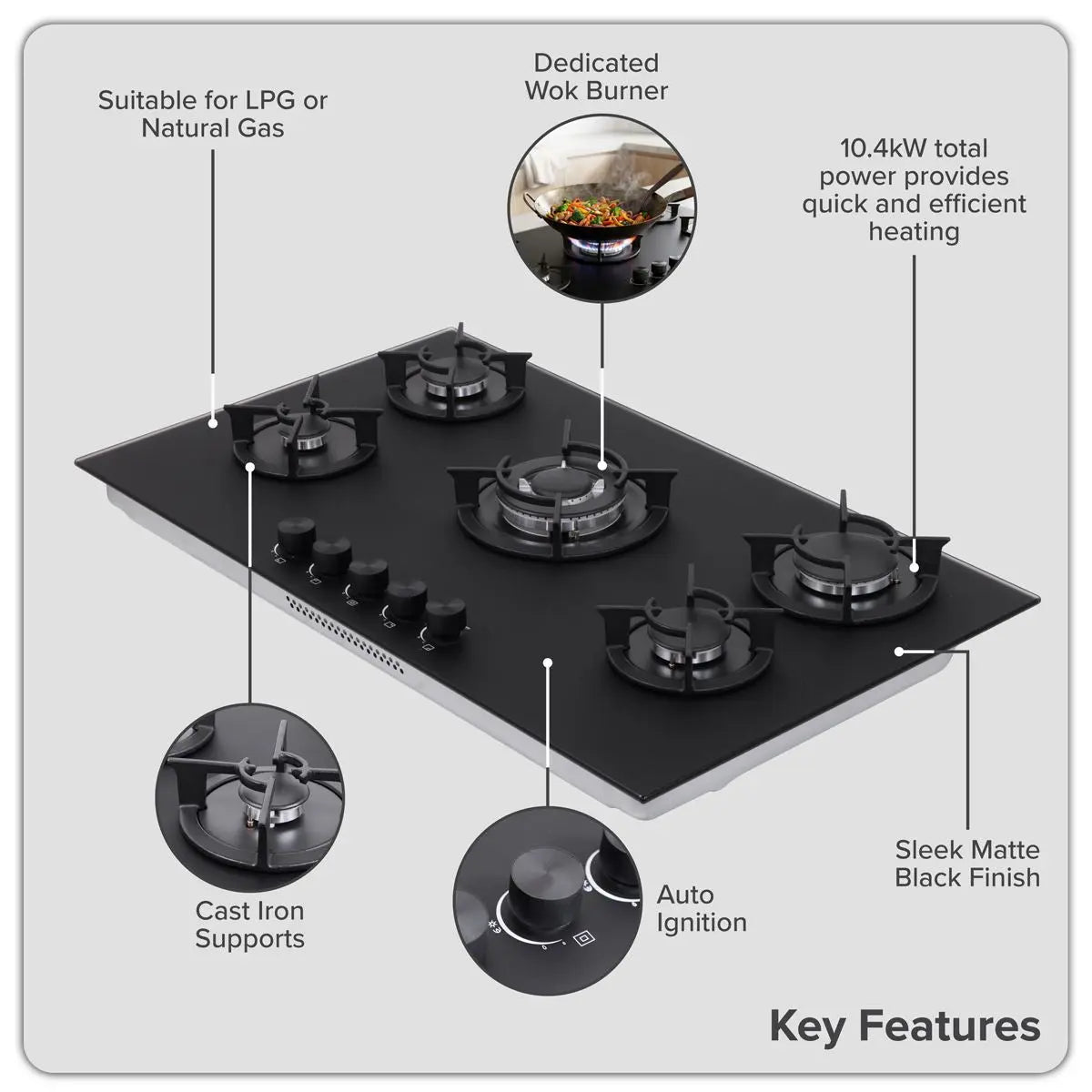 Baridi 90cm Gas Hob Matt Black Glass 5 Burners Cast Iron Supports & Auto Ignition 10.4kW White Rose Tools