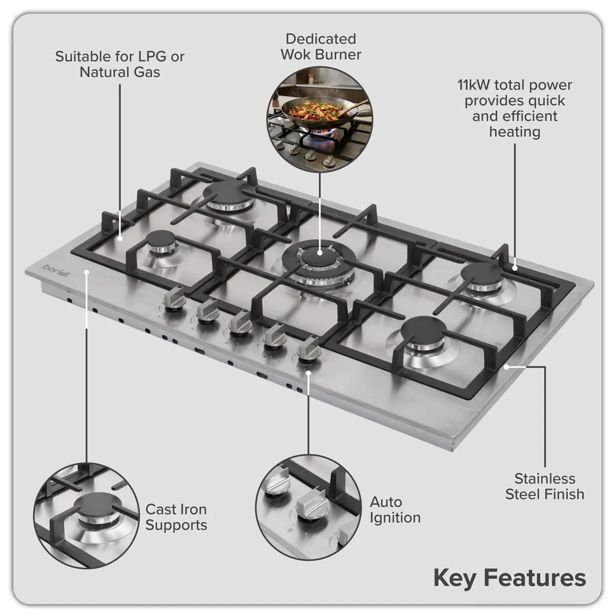 Baridi 90cm Gas Hob Stainless Steel with 5 Burners, Cast Iron Supports & Auto Ignition 11kW White Rose Tools