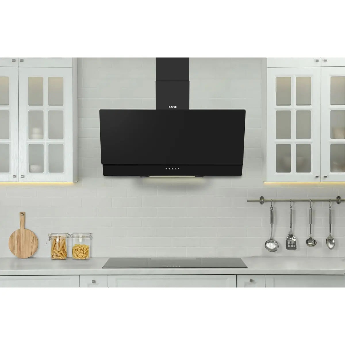 Baridi Angled Chimney Cooker Hood with Carbon Filters & LED Lamp 90cm, Energy Class A - Black Glass  White Rose Tools