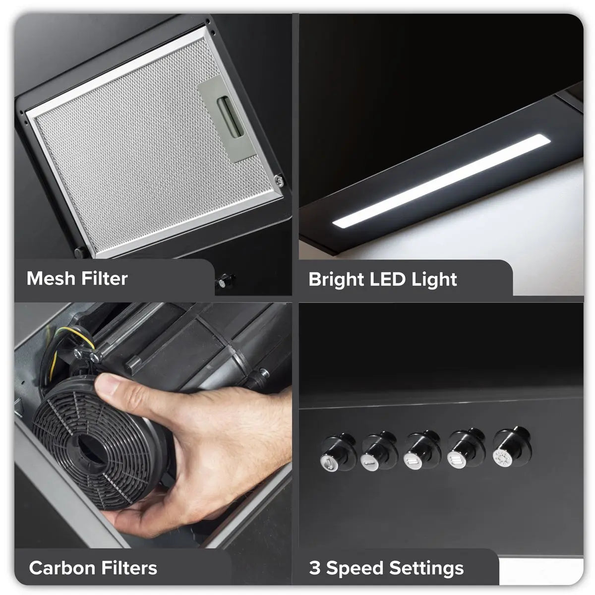 Baridi Angled Chimney Cooker Hood with Carbon Filters & LED Lamp 90cm, Energy Class A - Black Glass  White Rose Tools