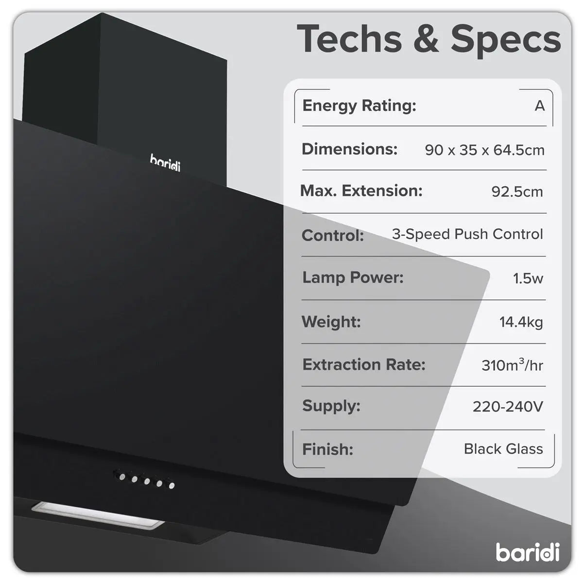 Baridi Angled Chimney Cooker Hood with Carbon Filters & LED Lamp 90cm, Energy Class A - Black Glass  White Rose Tools