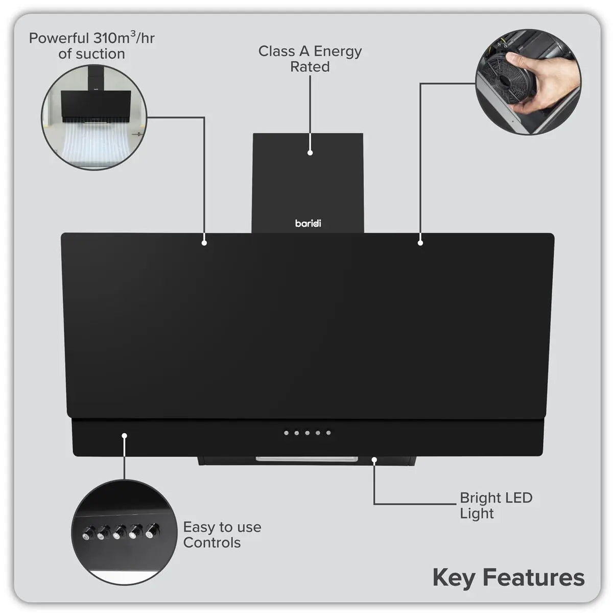 Baridi Angled Chimney Cooker Hood with Carbon Filters & LED Lamp 90cm, Energy Class A - Black Glass  White Rose Tools