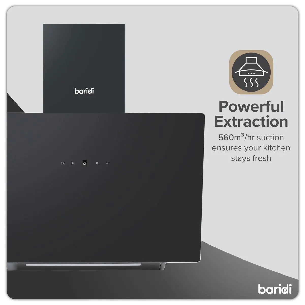 Baridi Angled Chimney Cooker Hood with Touch Controls & Carbon Filters 60cm - Black Glass  White Rose Tools