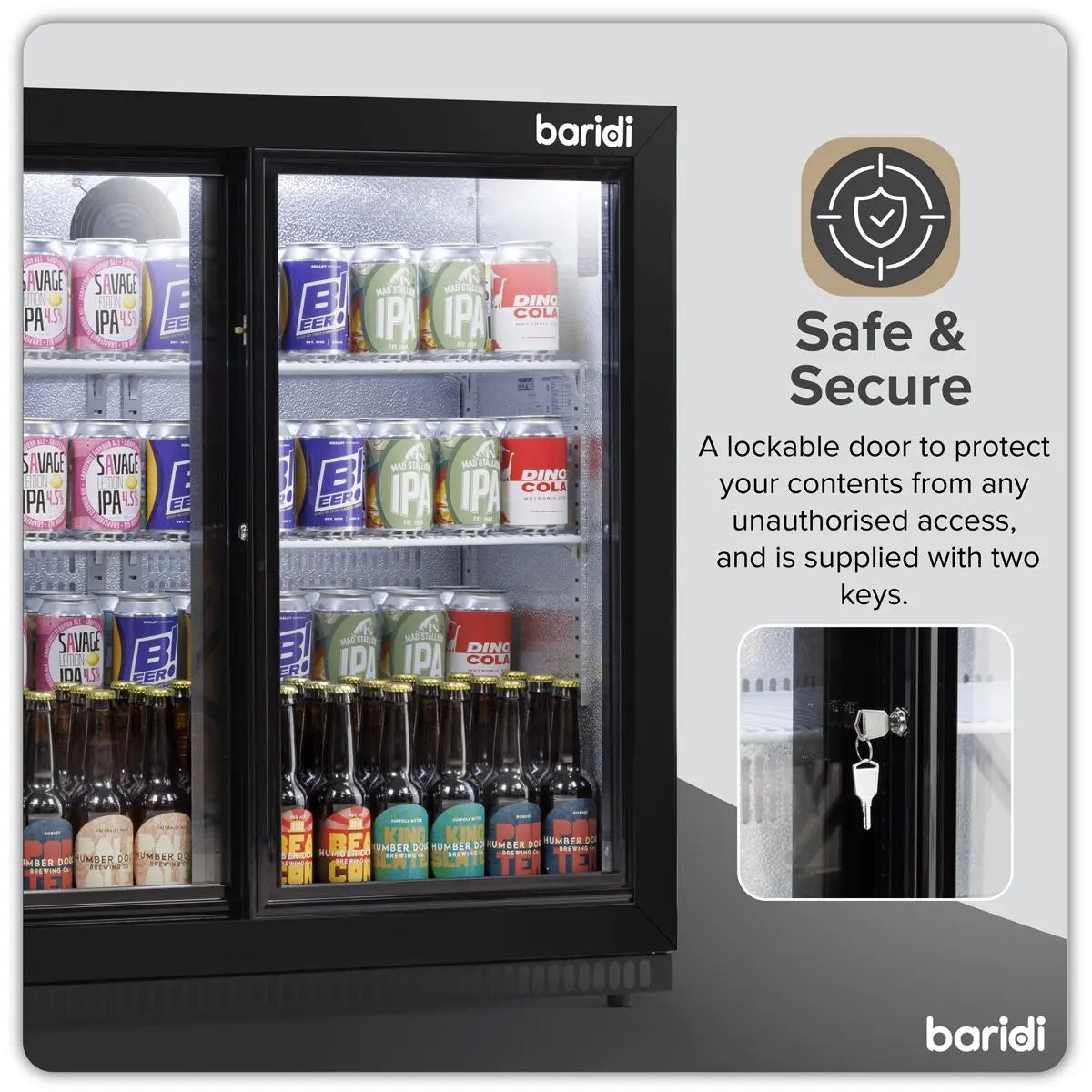 Baridi Back Bar Drinks Fridge/Cooler with Double Sliding Doors, 190L Capacity  White Rose Tools