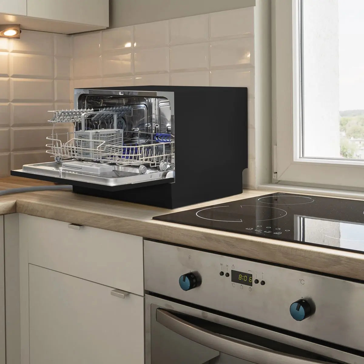 Baridi Compact Tabletop Dishwasher 6 Place Settings, 6 Programmes, Low Noise, 6.5L Cycle, Start Delay - Black White Rose Tools