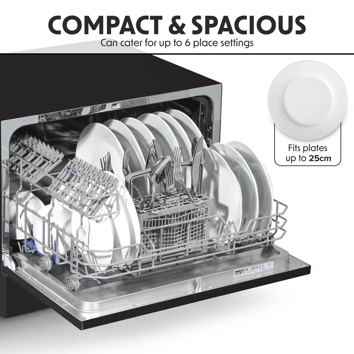 Baridi Compact Tabletop Dishwasher 6 Place Settings, 6 Programmes, Low Noise, 6.5L Cycle, Start Delay - Black White Rose Tools