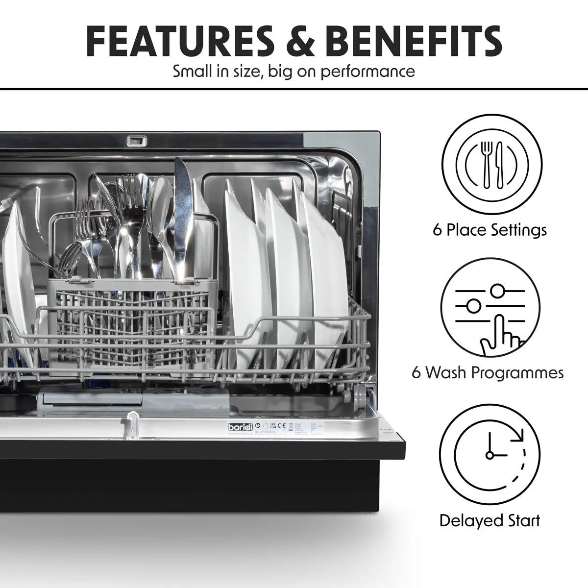 Baridi Compact Tabletop Dishwasher 6 Place Settings, 6 Programmes, Low Noise, 6.5L Cycle, Start Delay - Black White Rose Tools