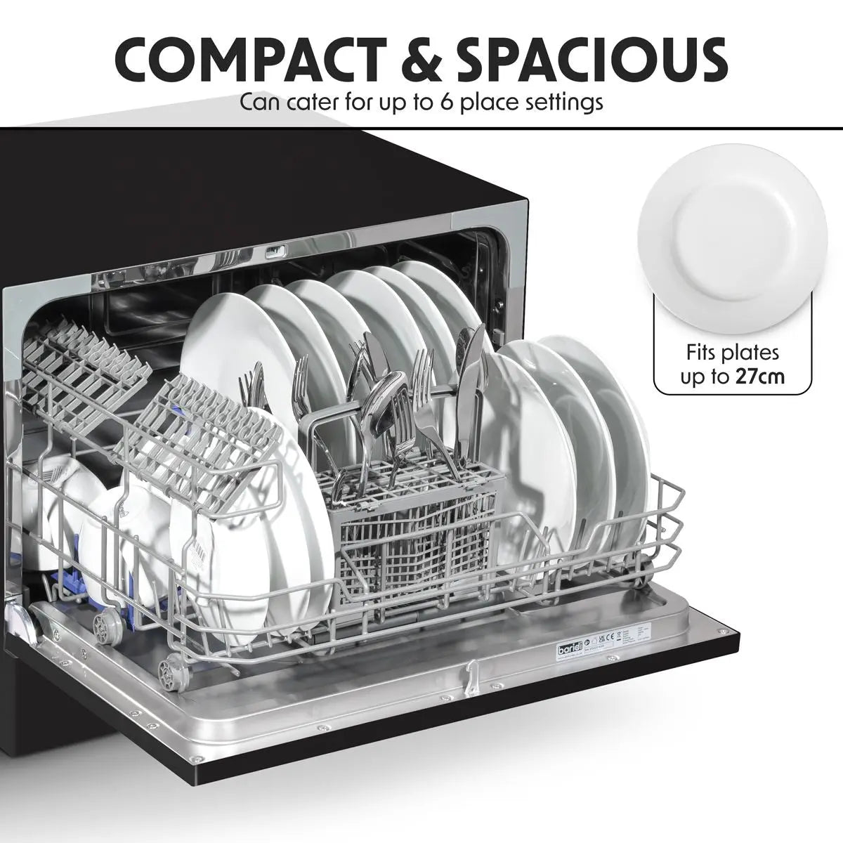 Baridi Compact Tabletop Dishwasher 6 Place Settings, 6 Programmes, Low Noise, 6.5L Cycle, Start Delay - Black White Rose Tools