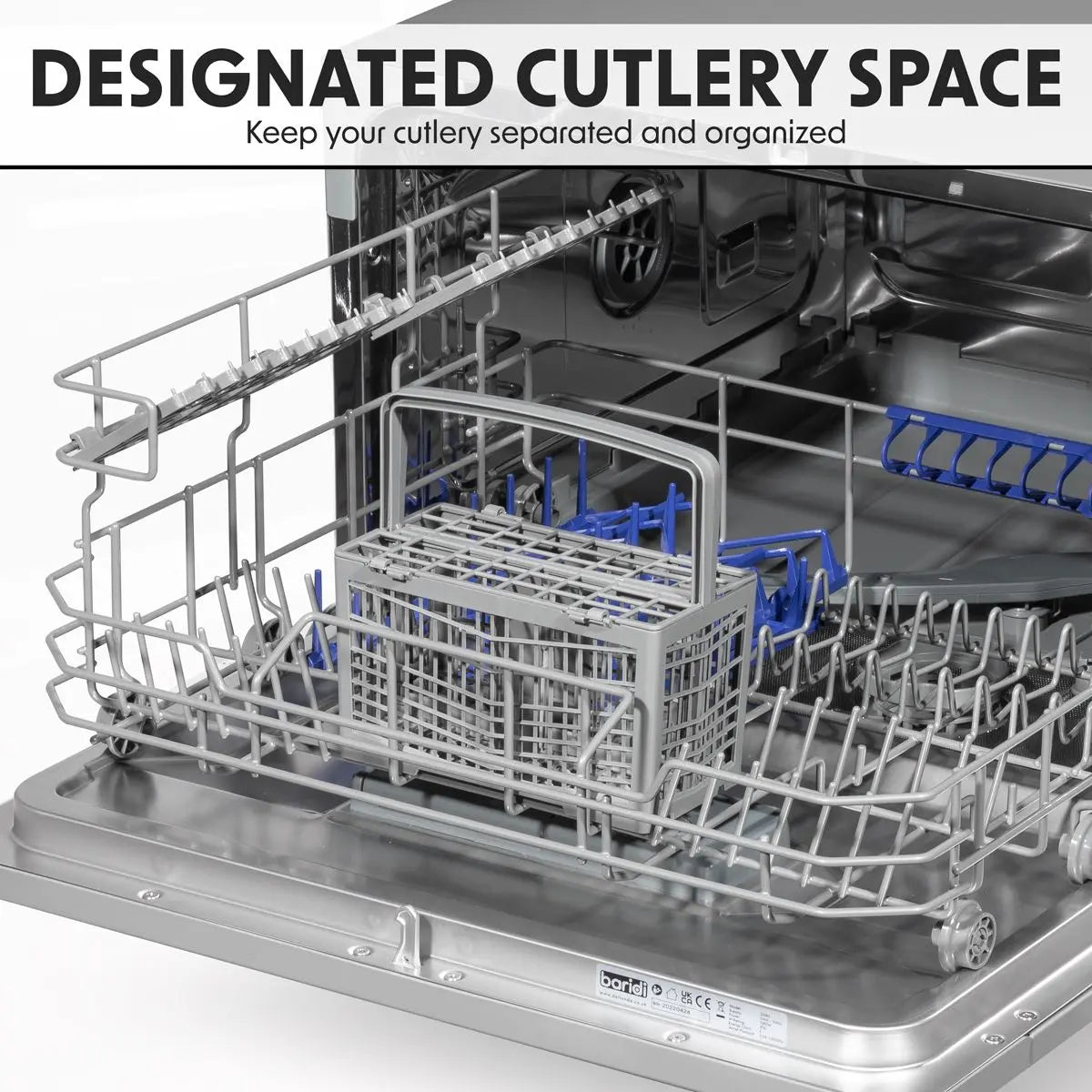 Baridi Compact Tabletop Dishwasher 6 Place Settings, 6 Programmes, Low Noise, 6.5L Cycle, Start Delay - Silver White Rose Tools