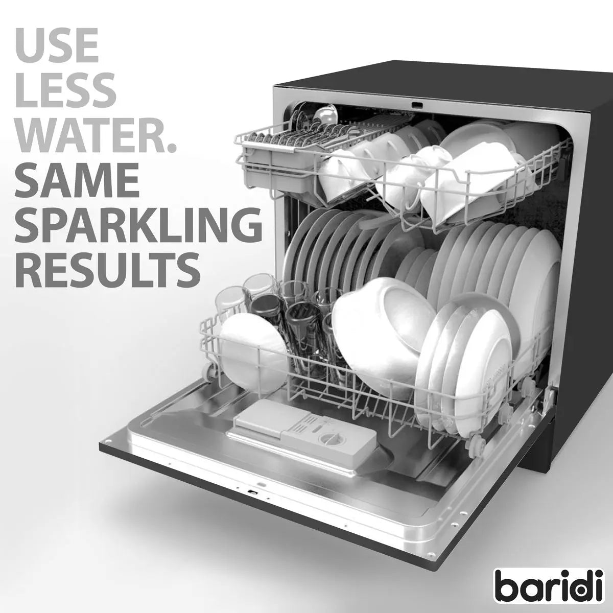 Baridi Compact Tabletop Dishwasher 8 Place Settings, 6 Programmes, Low Noise, 8L Cycle, Start Delay - Black  White Rose Tools