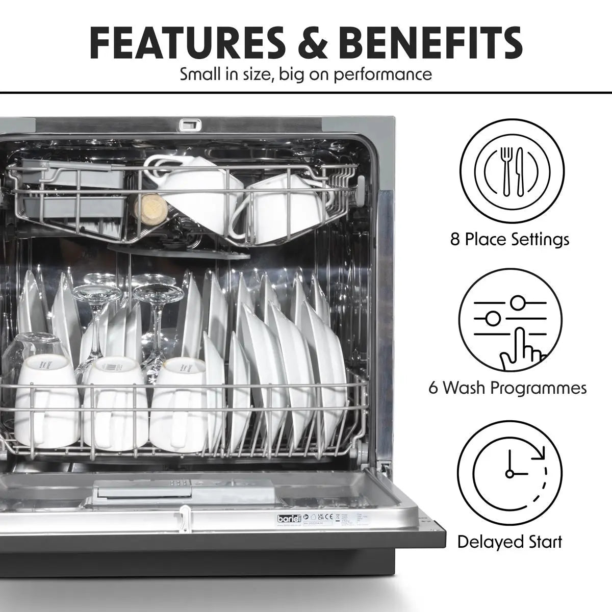 Baridi Compact Tabletop Dishwasher 8 Place Settings, 6 Programmes, Low Noise, 8L Cycle, Start Delay - Black  White Rose Tools