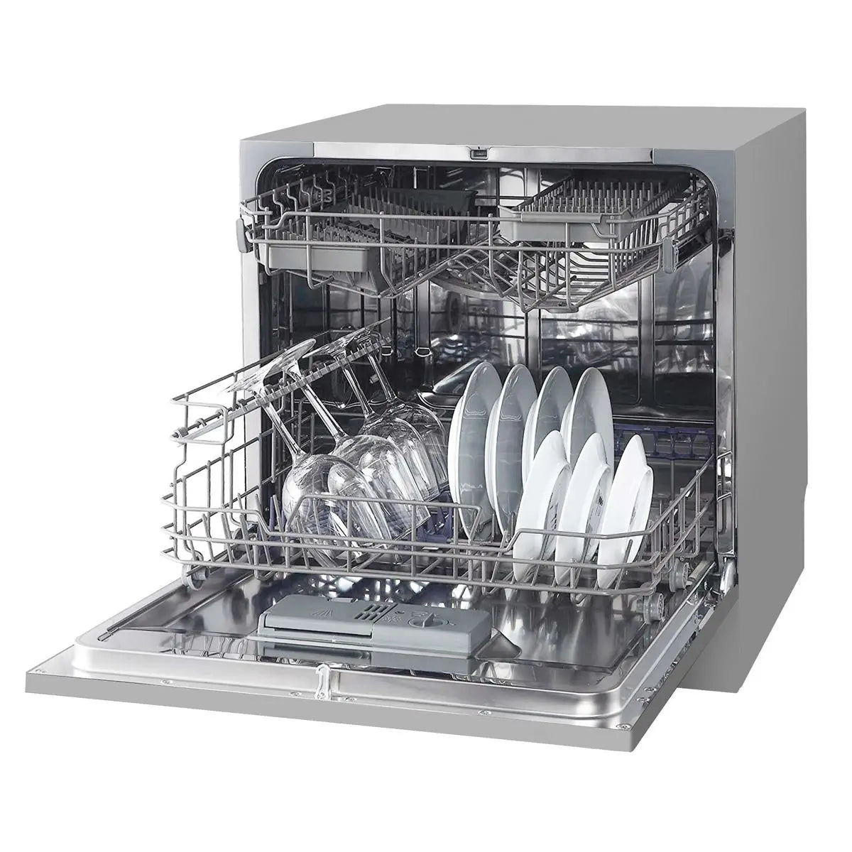 Baridi Compact Tabletop Dishwasher 8 Place Settings, 6 Programmes, Low Noise, 8L Cycle, Start Delay - Silver  White Rose Tools