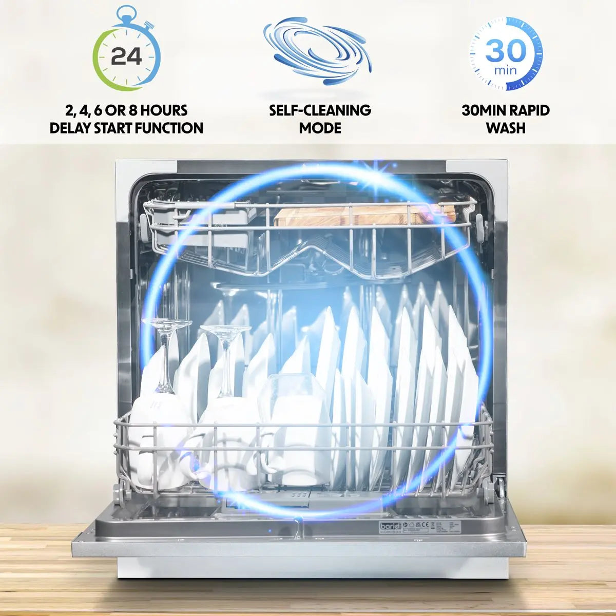 Baridi Compact Tabletop Dishwasher 8 Place Settings, 6 Programmes, Low Noise, 8L Cycle, Start Delay - White White Rose Tools