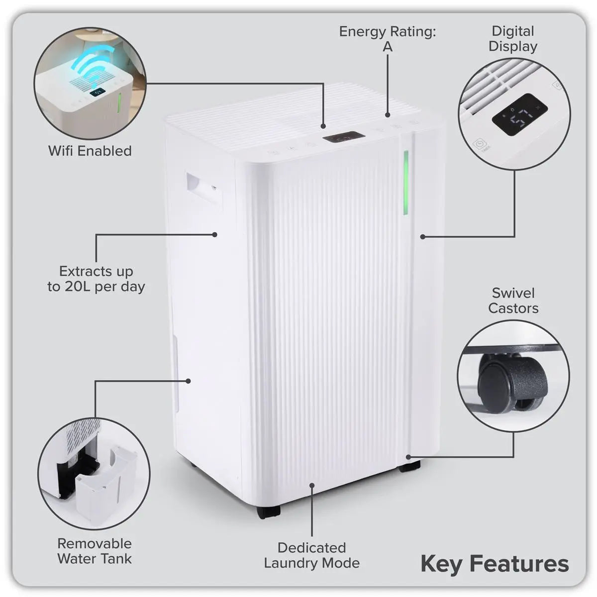 Baridi Dehumidifier with Digital Display & 24hr Timer 20L - White White Rose Tools