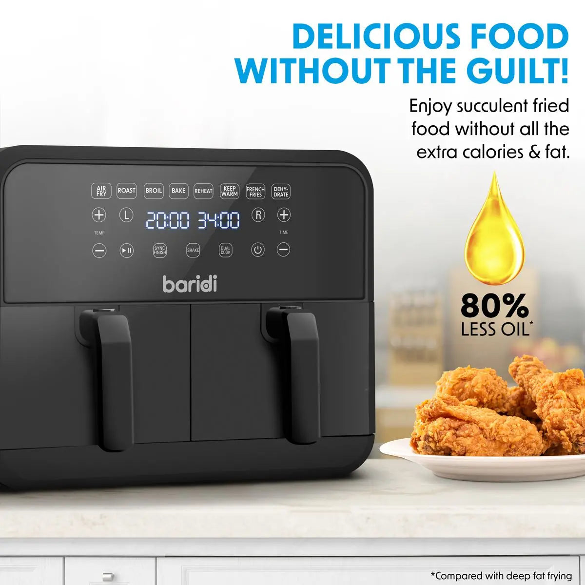 Baridi Dual Zone Air Fryer 8L with 8-in-1 Functions Touch Controls, Easy-Clean, Black - DH172  White Rose Tools